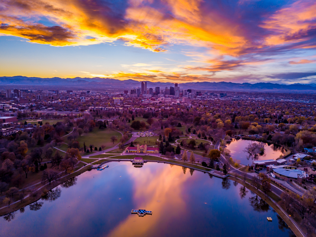 Colorful Drone Sunset Over City Park in Denver, Colorado
